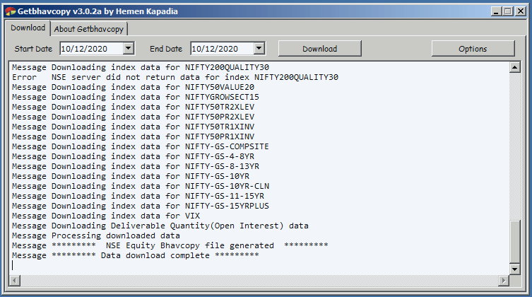 NSE EOD data Download in getbhavcopy